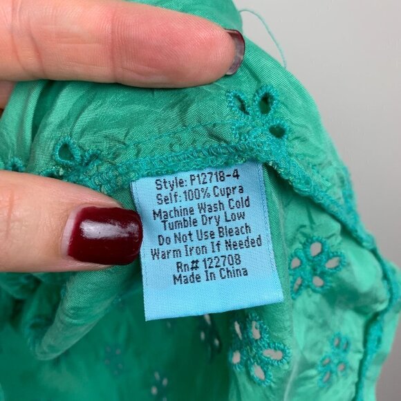 Johnny Was Silk Eyelet Green Oversized Short Sleeve Top - Picture 5 of 6